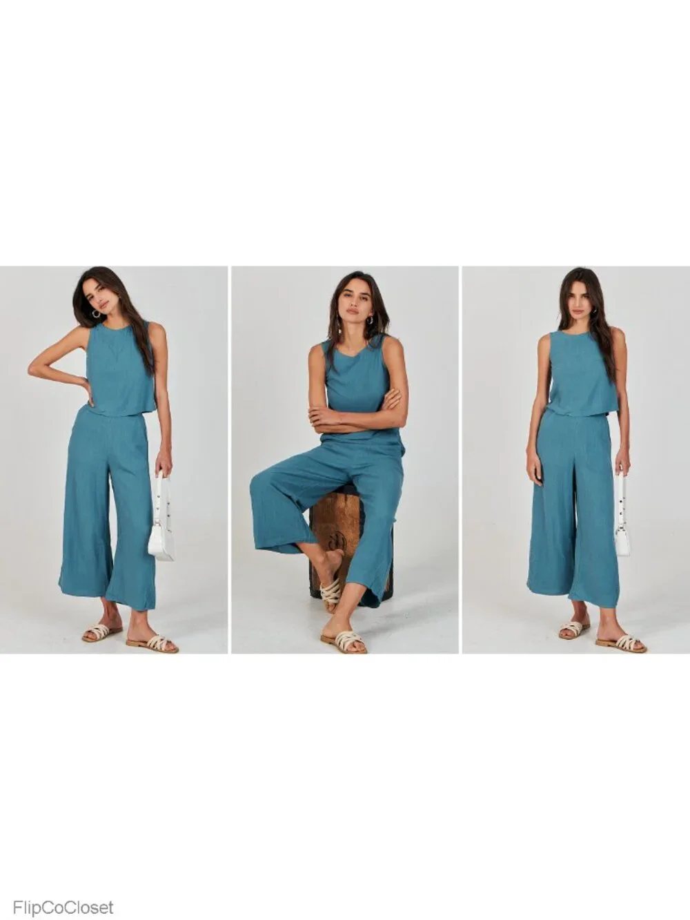 2 Piece Linen Set Women Summer Outfits Wide Leg Pant Crop